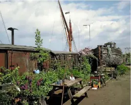  ??  ?? Old railway carriages, used for storage at a boatyard on Faversham Creek, with cottage-style gardens in front. The mast of an old Thames sailing barge rises above.