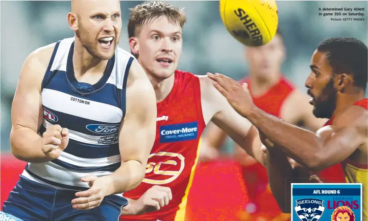  ?? Picture: GETTY IMAGES ?? A determined Gary Ablett in game 350 on Saturday.