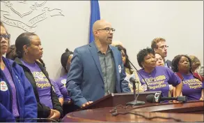  ?? Emilie Munson / Hearst Connecticu­t Media file photo ?? Rob Baril, president of SEIU 1199 New England, stood with nursing home workers who came to the state Capitol in Hartford on May 1, 2019, to renew their threats of a strike.