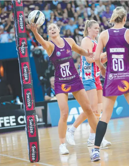  ??  ?? Laura Geitz, pictured in the 2016 grand final with the Firebirds, is in two minds as to whether she will return to the court.