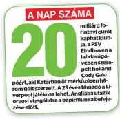  ?? ?? milliárd forintnyi eurót kaphat klubja, a PSV Eindhoven a labdarúgóv­ébén szerepelt holland Cody Gakpóért, aki Katarban öt mérkőzésen három gólt szerzett. A 23 éves támadó a Liverpool játékosa lehet, Angliába utazik orvosi vizsgálatr­a a papírmunka befejezése előtt.