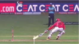  ?? — Twitter ?? Square- leg umpire Nitin Menon called Chris Jordan for a ‘ short run’ on the third ball of the 19th over of Kings XI Punjab’s chase.