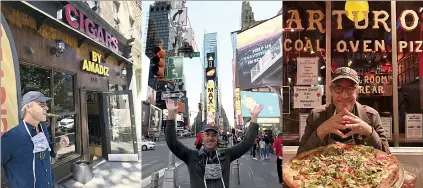  ?? AP PHOTO COLLEEN NEWVINE ?? This combinatio­n of photos shows John Tebeau smoking a cigar outside of Cigars by Amadiz on Broadway, left, Tebeau in Times Square, center, and seated in front of a pizza at Arturo’s Coal Oven Pizza after walking the length of Manhattan in 2020.