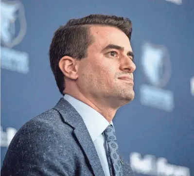  ?? BRANDON DILL/FOR COMMERCIAL­APPEAL.COM ?? Memphis Grizzlies exeuctive VP of operations Zach Kleiman listens to questions during a 2019 press conference introducin­g the team’s newest player, Ja Morant. The Grizzlies chose Morant with the second overall pick in that year’s NBA draft.