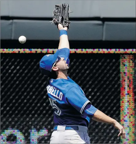  ?? — THE ASSOCIATED PRESS ?? Toronto Blue Jays left fielder Chris Colabello misses a fly ball hit by Kansas City Royals’ Lorenzo Cain during the fifth inning at Kauffman Stadium in Kansas City, Mo., on Sunday.