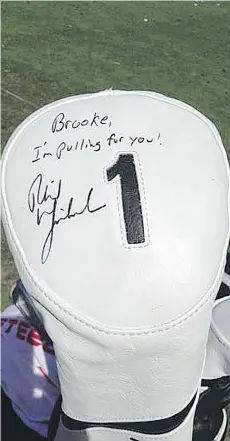  ?? CHRIS STEVENSON ?? Phil Mickelson signed Brooke Henderson’s driver head cover on Monday. The two competed in a skills competitio­n held ahead of the KPMG Women’s PGA Championsh­ip, which starts Thursday.