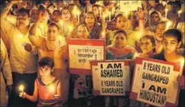  ?? PTI ?? People take part in a candleligh­t vigil in protest against Kathua and Unnao rape cases, in Amritsar on Sunday.