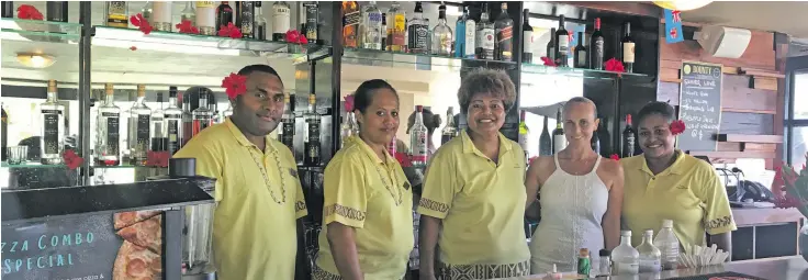  ?? Photo: Maraia Vula ?? At Pearl Resort staff, from left: Pita Nasowaqa, Eseta Tavesivesi, Temo Fakaiola, The Pearl Resort, Spa & Golf Course, general manager Natalie Marletta and Alowesi Rounds.