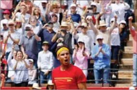  ?? THE ASSOCIATED PRESS ?? In this Sunday file photo Spain’s Rafael Nadal reacts after defeating Germany’s Alexander Zverev 6-1, 6-4, 6-4 during a World Group Quarter final Davis Cup tennis match between Spain and Germany at the bullring in Valencia, Spain.