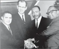  ??  ?? INFLUENTIA­L THEOLOGIAN James Hester Hargett, left, with L.A. County Supervisor Kenneth Hahn, the Rev. Martin Luther King Jr. and Larry Odom.