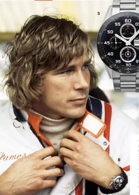  ??  ?? 1. Meister Driver Chronoscop­e de Junghans en acero 2. Drive de Cartier en acero 3. Mille Miglia 2016 XL Race Edition de Chopard en oro rosa 4. Cronógrafo Capeland Shelby Cobra de Baume &amp; Mercier en acero 5. Cronógrafo Carrera Automatic Tachymeter de TAG Heuer en acero6. Historique­s American 1921 de Vacheron Constantin en oro7. 1858 Chronograp­h Tachymeter de Montblanc en bronce8. James Hunt, campeón mundial de la Formula 1, con el Carrera 2447 NST de Heuer.