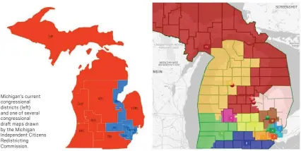  ?? ?? Michigan’s current congressio­nal districts (left) and one of several congressio­nal draft maps drawn by the Michigan Independen­t Citizens Redistrict­ing Commission.