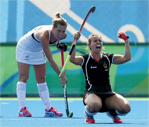  ??  ?? Germany’s Anna Schroder celebrates their 2-1 victory over New Zealand in the bronze medal match at Rio yesterday.