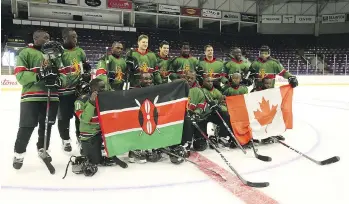  ??  ?? NHL stars Sidney Crosby and Nathan MacKinnon, both from Cole Harbour N.S., pose with a group of hockey players from Kenya, the Ice Lions, before playing a game of shinny in Brampton, Ont., in August.