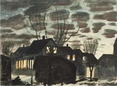  ??  ?? Charles Burchfield (1893-1967), Night in Gardenvill­e, 1937. Watercolor and ink on board, 103⁄8 x 143⁄8 in., monogramme­d and dated lower left: ‘CEB / 1937’.