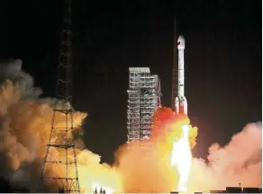  ?? — AP ?? A Long March-3B rocket carrying two Beidou-3 satellites lifts off from the Xichang launch center in southweste­rn China’s Sichuan province.