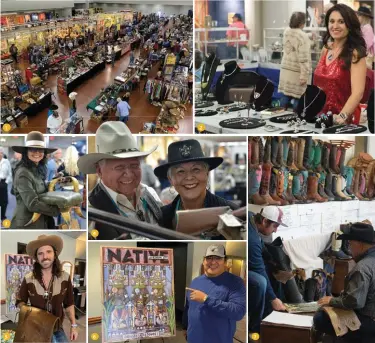  ??  ?? 1. Crowds look through Western art and artifacts during Brian Lebel’s Mesa Old West Show.
2. Jeweler Melody Sauceda with some of her creations. 3. A guest makes a purchase during the dealer show. 4. Collectors in a booth during the dealer show.
5. Western painter Mark Maggiori, with several purchases under his arm, visits the Western Art Collector booth.
6. Native American jeweler Olin Tsingine points at our sister publicatio­n, Native American Art. 7. A visitor is fitted for a pair of boots.