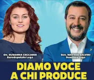  ??  ?? Il manifestin­o web che pubblicizz­ava la diretta Faebook con Susanna Ceccardi e Salvini. Sopra, una diretta di Eugenio Giani