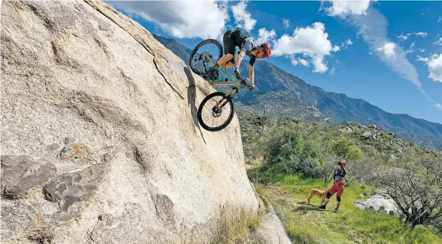  ?? COURTESY DAVE MONSOUR ?? Profession­al mountain biker Macky Franklin, who lives in Arroyo Seco during the offseason, rides a rock slab near Tucson, Ariz., in March. The pandemic put on hold this year’s mountain biking season.