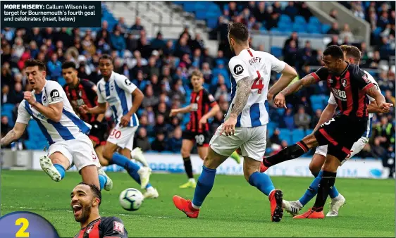  ??  ?? MORE MISERY: Callum Wilson is on target for Bournemout­h’s fourth goal and celebrates (inset, below)