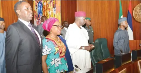  ?? Photo: Felix Onigbinde ?? From right: Acting President Yemi Osinbajo; Chief of Staff, Alhaji Abba Kyari; Head of Civil Service of the Federation, Mrs Winifred Oyo-Ita; and National Security Adviser, Brig.-Gen. Babagana Monguno at the Federal Executive Council meeting in Abuja...