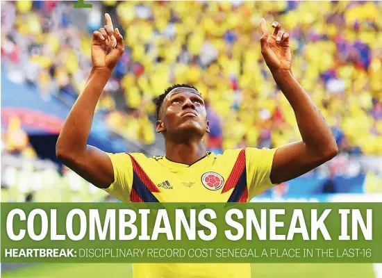  ?? Picture: AFP ?? MOVING FORWARD. Colombian defender Yerry Mina celebrates after scoring the winning goal against Senegal during their World Cup game at Samara Arena yesterday.