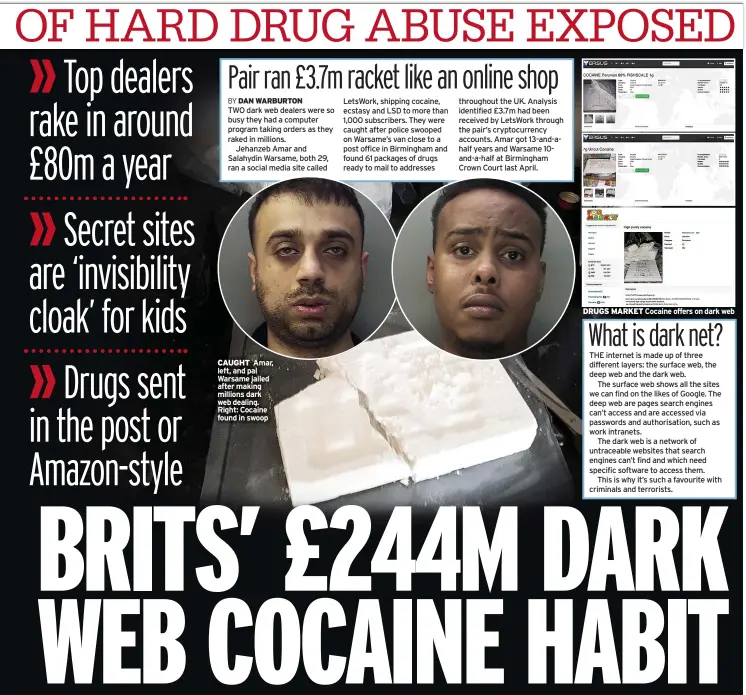  ?? ?? CAUGHT Amar, left, and pal Warsame jailed after making millions dark web dealing. Right: Cocaine found in swoop