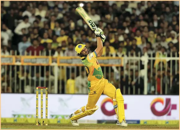  ?? Pawan Singh / The National ?? Pakhtoons captain Shahid Afridi promoted himself to bat at No 3 against Punjabi Legends in the inaugural T10 League’s second semi-final and the crowd favourite hit a 17-ball knock of 41 runs but that proved to be in vain at the Sharjah Cricket Stadium....