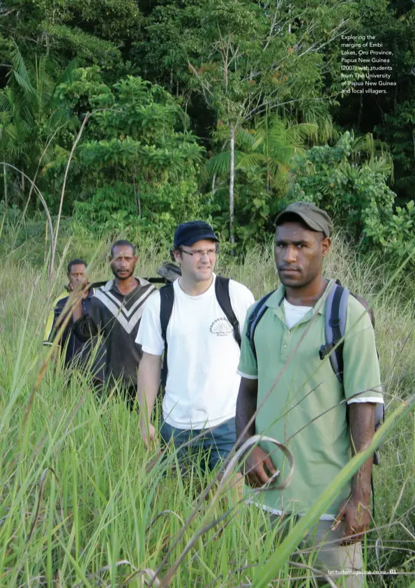  ??  ?? Exploring the margins of Embi Lakes, Oro Province, Papua New Guinea (2007) with students from The University of Papua New Guinea and local villagers.