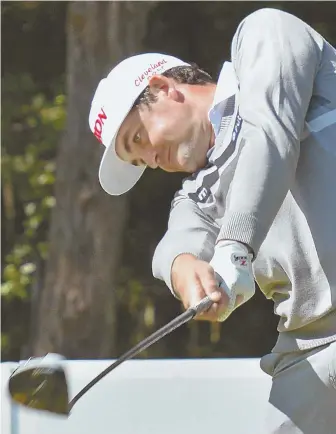  ?? STAFF PHOTO BY CHRIS CHRISTO ?? SLOW START: Hopkinton’s Keegan Bradley tees off on No. 18 during what was a struggle of a first round yesterday at the Dell Technologi­es Championsh­ip.