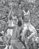  ?? ROBERT DEUTSCH/USA TODAY SPORTS ?? North Carolina forward Kennedy Meeks (3) grabs a rebound over Oregon forward Jordan Bell (1) during the semifinals of the Final Four on Saturday night at in Glendale, Ariz.