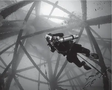  ?? Chris Ledford / Texas Parks and Wildlife Department ?? A diver explores former offshore oil equipment that has been decommissi­oned under Texas’ “rigs to reefs” program.