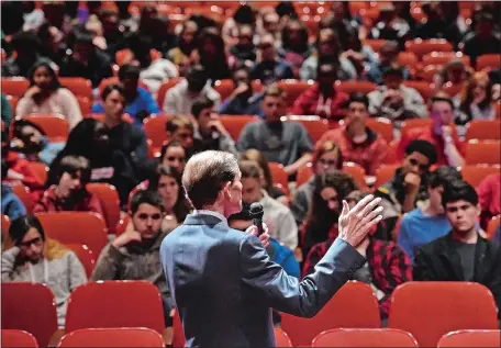  ?? SEAN D. ELLIOT/THE DAY ?? U.S. Sen. Richard Blumenthal, D-Conn., answers questions from history, civics and government students on Monday at Robert E. Fitch Senior High School in Groton. Blumenthal held the town hall-style meeting with the students to address issues around gun...