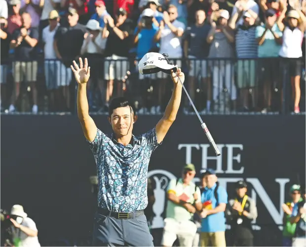  ?? GLYN KIRK / AFP VIA GETTY IMAGES ?? Collin Morikawa celebrates winning the 149th Open Golf Championsh­ip at Royal St George’s in England, Sunday.