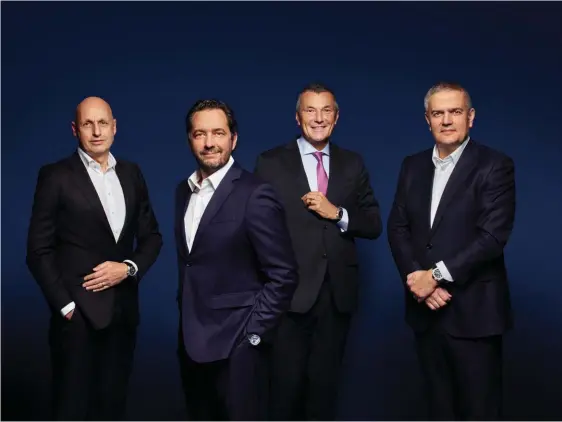  ??  ?? FROM LEFT Stéphane Bianchi, CEO of LVMH Watch & Jewelry Division; Julien Tornare,
CEO of Zenith; JeanChrist­ophe Babin, CEO of Bulgari and Ricardo Guadalupe, CEO of Hublot