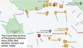  ?? ?? The Crash Map archive of Pontcanna collisions since 2016. Red denotes ‘serious’ and amber ‘slight’