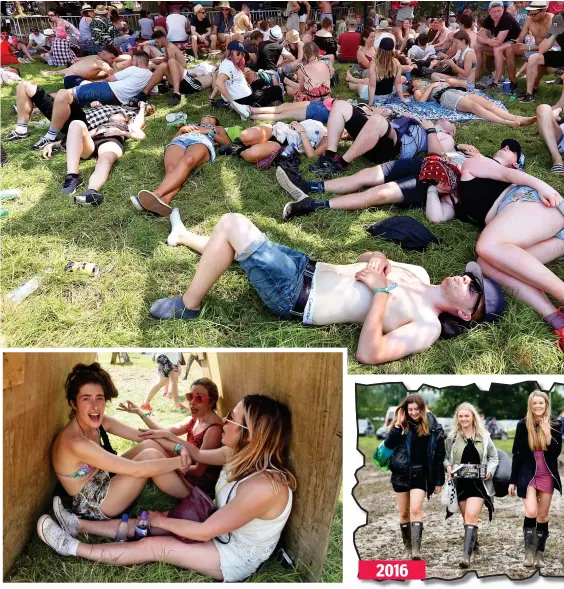  ??  ?? Shady ladies: Three friends find shelter. Top: Revellers find a rare cool spot Muddy waters: Boots on to brave the rain at the