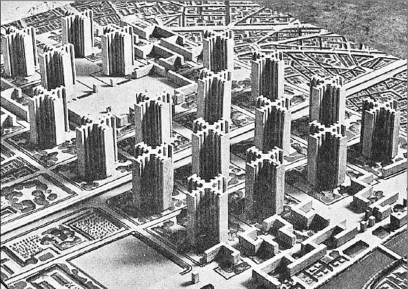  ??  ?? The famed architect Le Corbusier once crafted a plan for downtown Paris that would see identical apartment buildings surroundin­g the Louvre, as shown in this 1925 sketch.