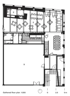  ??  ?? 1 Entry 2 Cafe counter 3 Loose furniture 4 High bench 5 Communal table 6 Banquette seating 7 Boardroom 8 Through to office 9 Tenancy 2