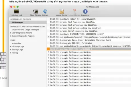  ??  ?? In the log, the entry BOOT_TIME marks the startup after any shutdown or restart, and helps to locate the cause.