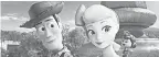  ??  ?? Woody (voiced by Tom Hanks) rekindles his relationsh­ip with Bo Peep (Annie Potts) in “Toy Story 4.” PIXAR