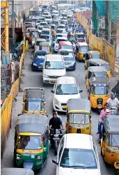  ??  ?? Vehicles move at a snail’s pace between Chadarghat and and Nalgonda cross road. — DC