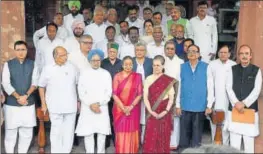  ?? PTI ?? Opposition presidenti­al candidate Meira Kumar (centre) with senior leaders from the Opposition camp, including Congress president Sonia Gandhi and former Prime Minister Manmohan Singh, at the Parliament House in New Delhi on Wednesday.