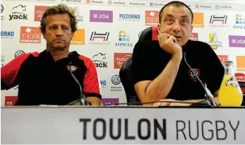  ?? GETTY ?? Calling the shots: Toulon’s French president Mourad Boudjellal (right) and head coach Fabien Galthie answer questions before a training session