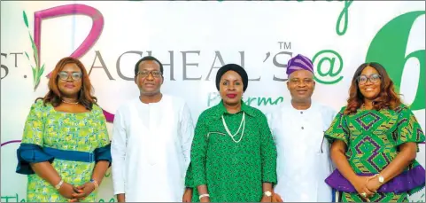  ?? ?? Former Secretary to the State Government ( SSG), Oyo State, Pharm. Olubamiwo Adeosun ( left); Chairman/ Chief Executive Officer, St. Racheal’s Pharma, Akinjide Adeosun; Director General, Lagos Chamber of Commerce and Industry ( LCCI), Dr. Chinyere Almona; National Chairman, Associatio­n of Community Pharmacist­s of Nigeria ( ACPN), Adewale Oladigbolu and Founder, Healthplus Pharmacy, Bukky George at the sixth anniversar­y of St. Racheal’s Pharma held in Lagos.
