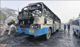  ??  ?? A Haryana Roadways bus was set on fire on January 24 near Bhondsi village in Gurgaon by activists of Karni Sena, who were protesting against the release of film ‘Padmaavat’. HT FILE PHOTO