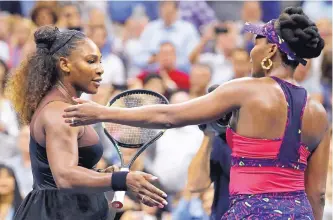  ?? ADAM HUNGER/ASSOCIATED PRESS ?? Serena Williams, left, meets with sister Venus after their third-round U.S. Open match Friday night. Serena’s victory took only 1 hours, 12 minutes.