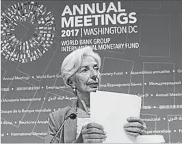  ?? SHAWN THEW/EPA ?? Warning against complacenc­y, the IMF’s Christine Lagarde said policymake­rs should seek to provide more certainty.