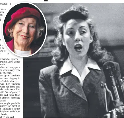  ?? Pictures: GETTY, AFP ?? LEGENDARY: “Forces Sweetheart” Vera Lynn sings in 1945 and (inset) in 2009.