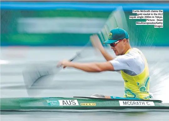  ??  ?? Curtis Mcgrath claims the gold medal in the KL2 kayak single 200m in Tokyo. Picture: Dean Mouhtaropo­ulos/getty Images